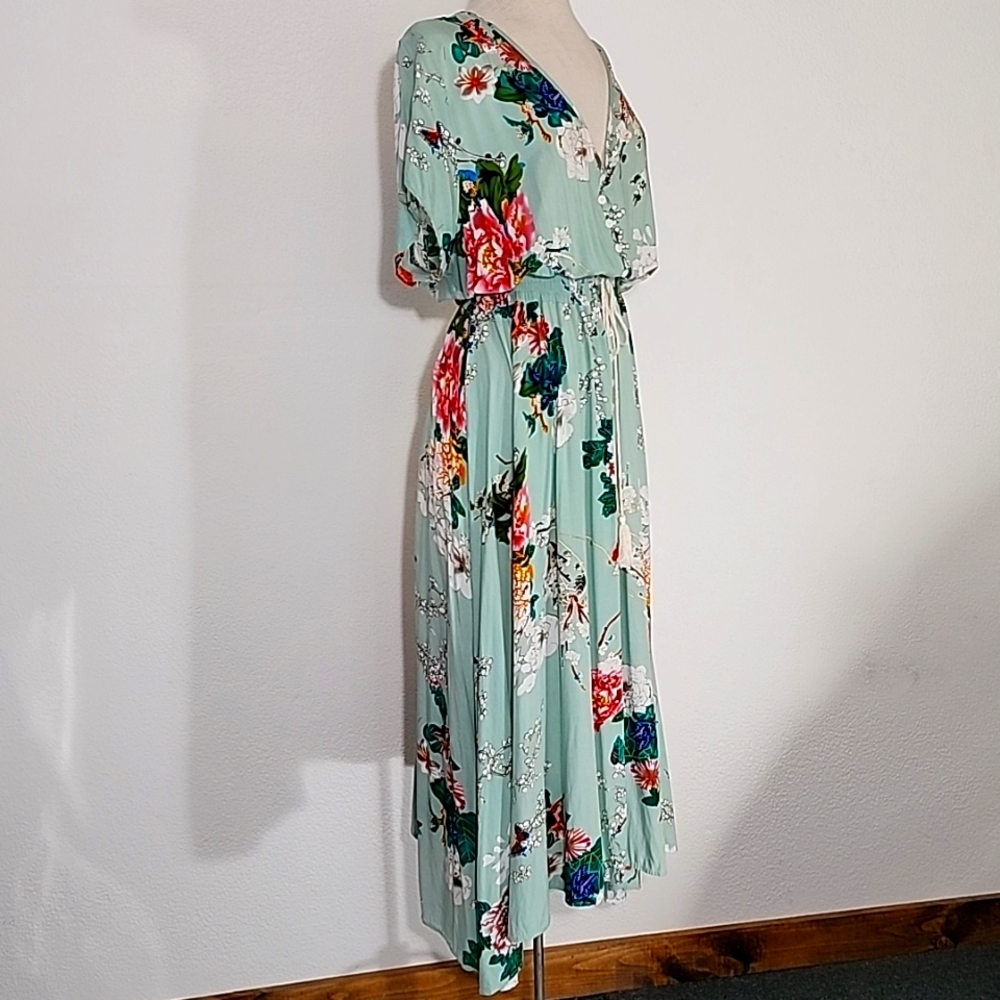 Amzplus Dress Floral Smocked Boho Tassled Tie Front Maxi Green Plus Size 3XL - Picture 12 of 16